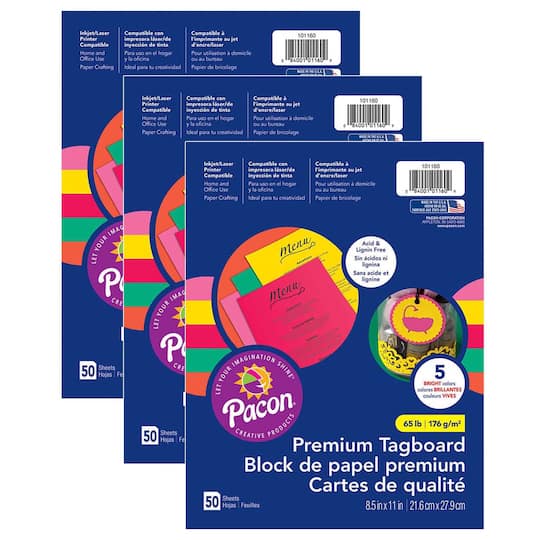 Pacon&#xAE; 5 Assorted Premium Tagboard, 3 Packs of 50